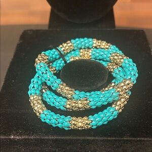 Turquoise and Gold Beaded Coil Bracelet - Women Jewelry